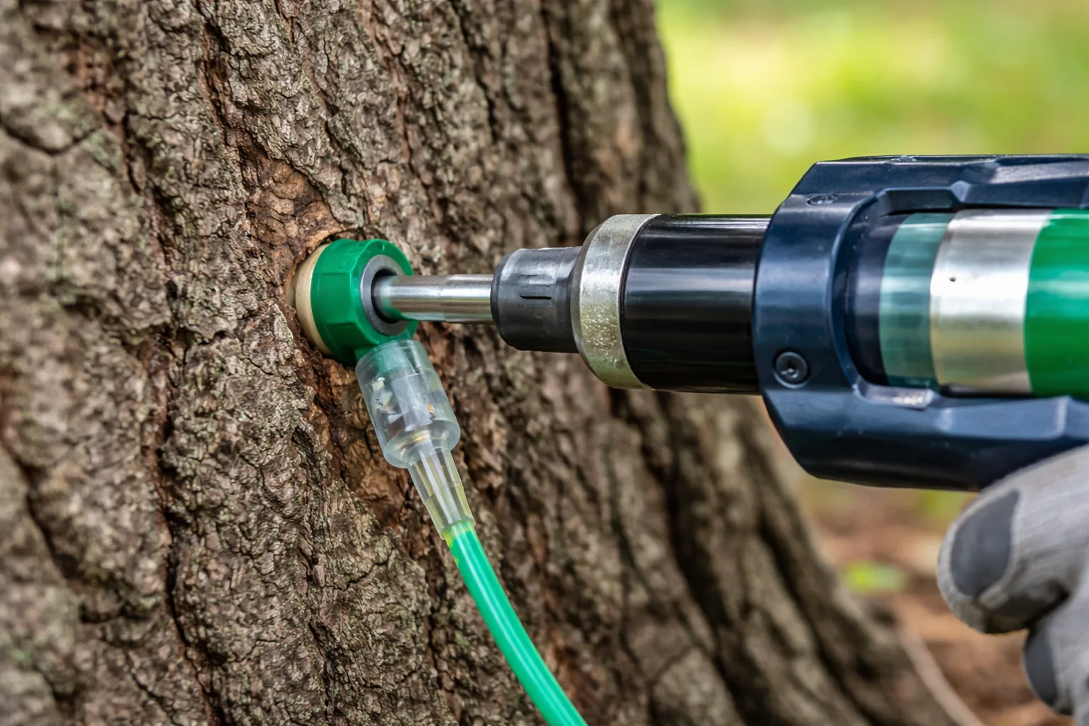 Tree injection treatment performed by an arborist.